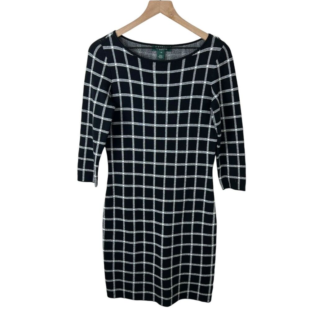 Lauren Ralph Lauren Womens‎ Black White Check 3/4 Sleeve Sweater Dress M Petite